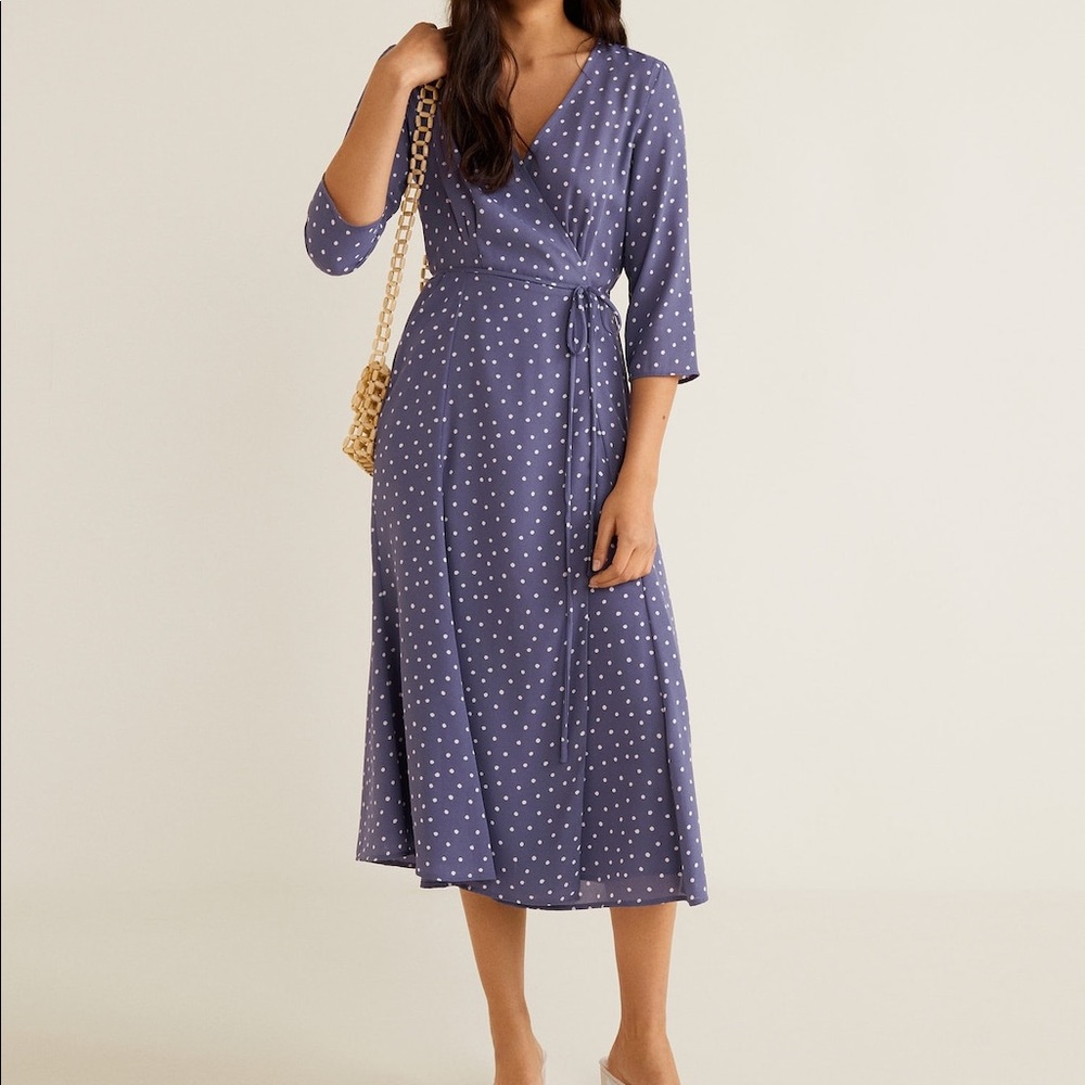 Mango Blue Wrap Tea Length Polka Dot Dress NWT